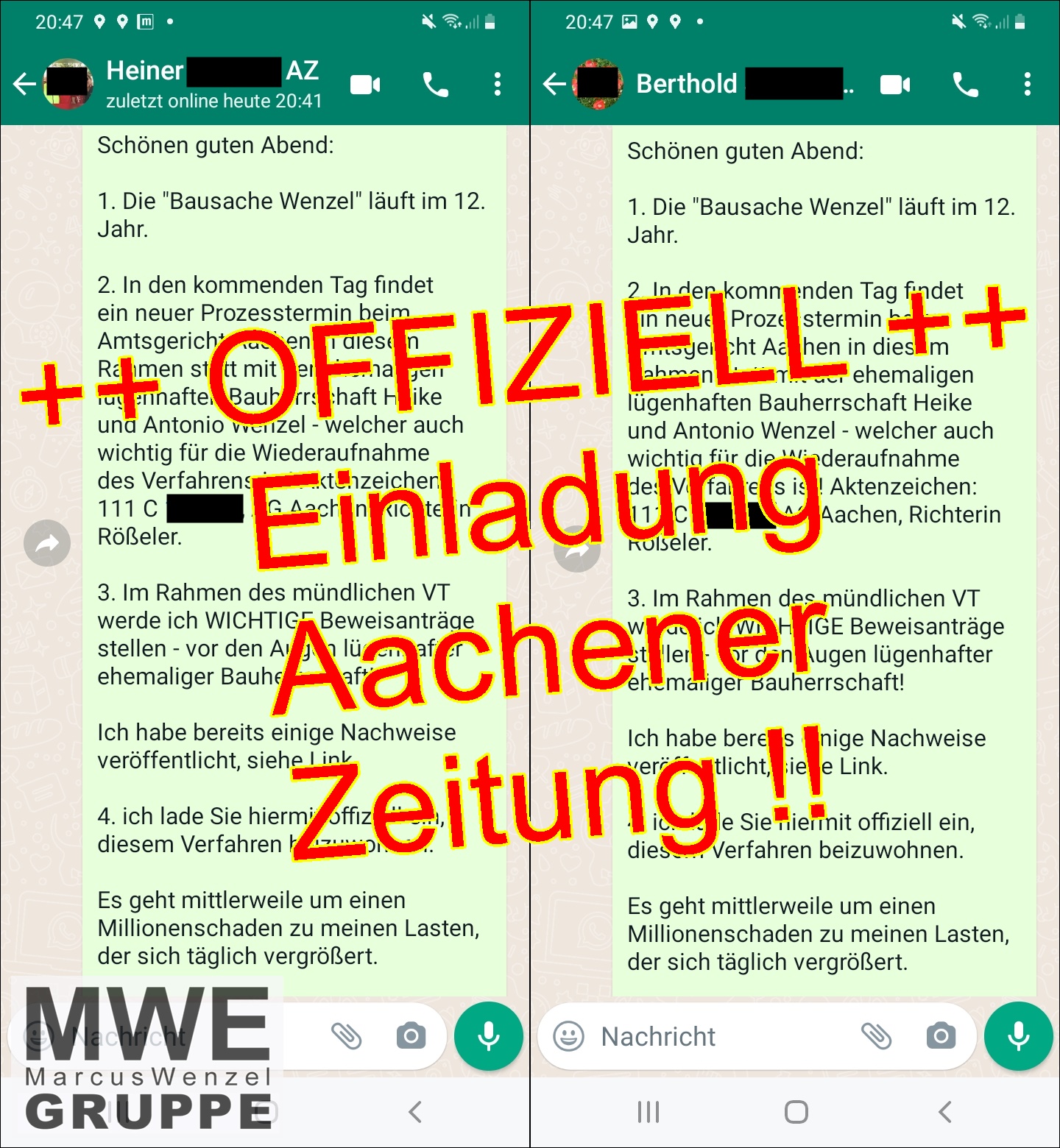 Ehrlich-Offensive! Justizopfer Marcus Wenzel lädt Aachener Zeitung zum Gerichtstermin | Bausache Wenzel