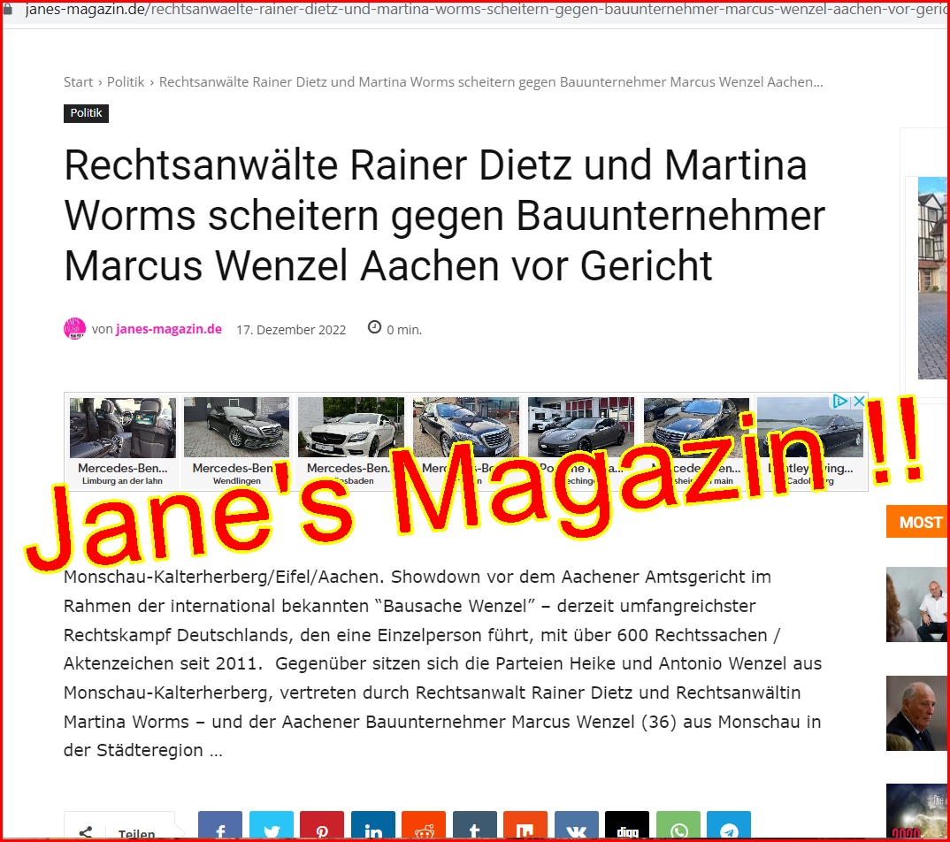 Jane’s Magazin Presse | Rechtsanwälte Rainer Dietz und Martina Worms scheitern gegen Bauunternehmer Marcus Wenzel Aachen vor Gericht