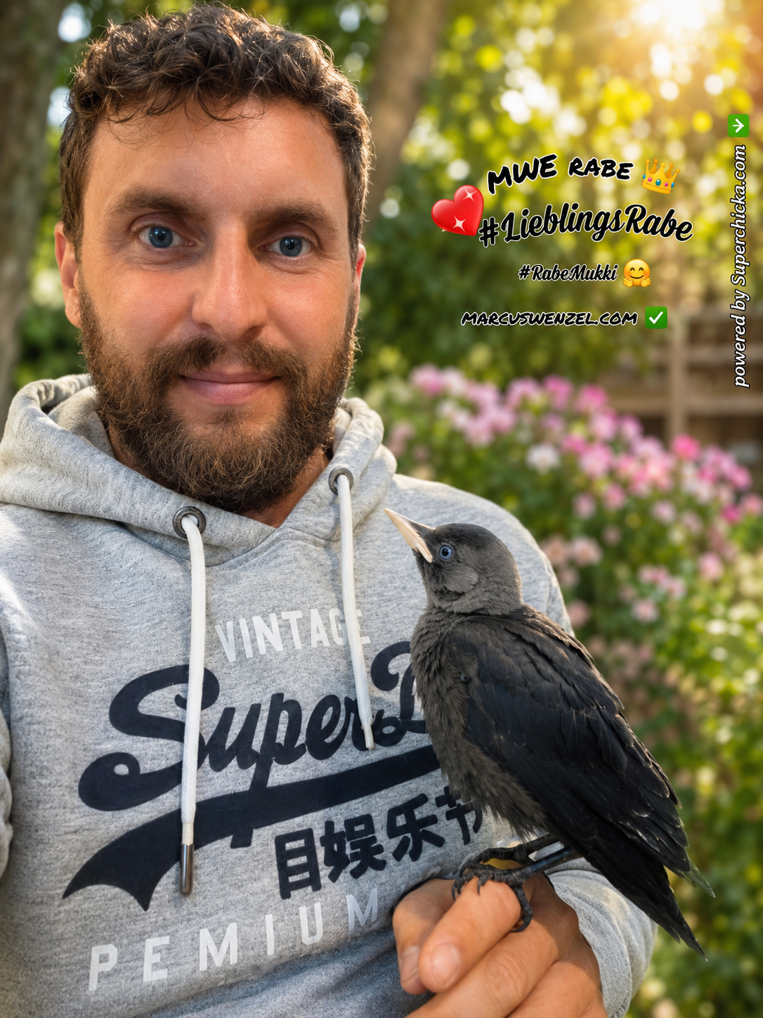 MARCUS WENZEL mit Rabe #Mukki auf der Hand ❤️